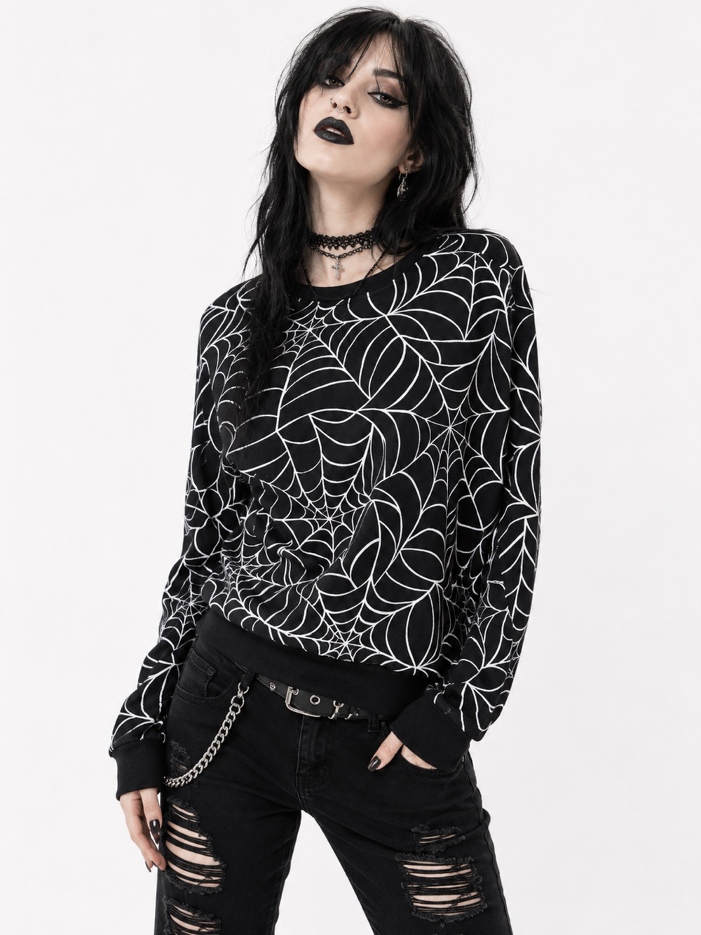 Grayson Threads Black‎ Spider Web Print Crew Neck Sweatshirt NEW